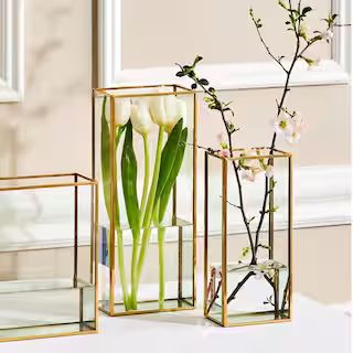 Windows Clear Glass/Metal Square Vases with Gold Metal Trim In 2-Sizes (Set of 2) | The Home Depot