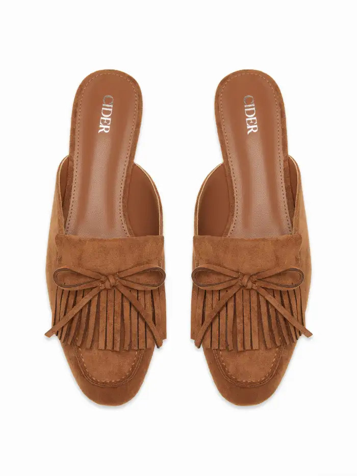 FAUX SUEDE BOWKNOT DECOR FRINGED MULE LOAFERS For Daily Casual | Cider