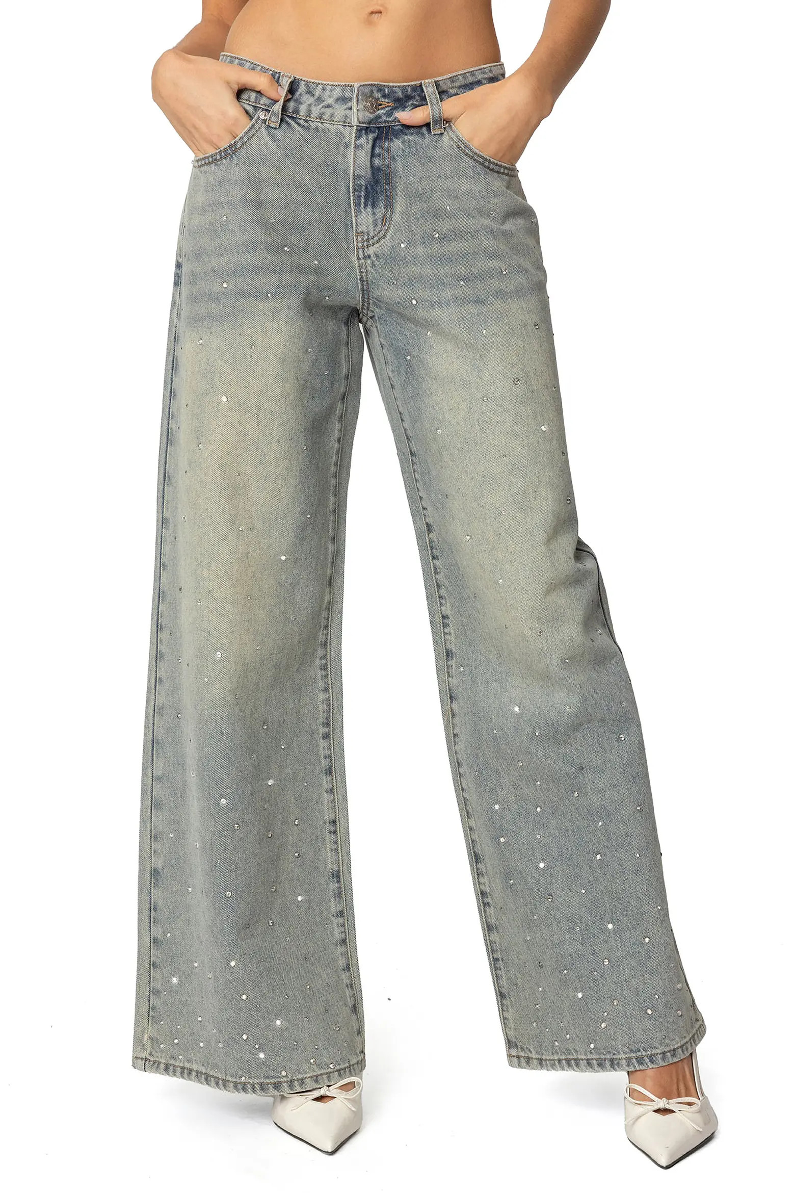 EDIKTED Low Rise Rhinestone Wide Leg Jeans (Women) | Nordstrom | Nordstrom