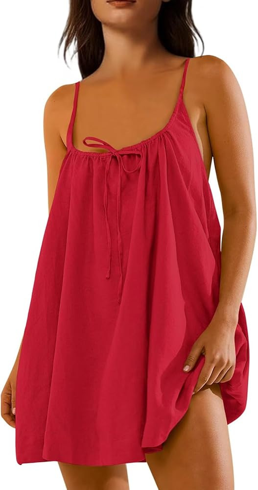 Womens Beach Coverup Swimwear Spaghetti Strap Summer Dress Backless Tie Back Mini Beach Dress wit... | Amazon (US)