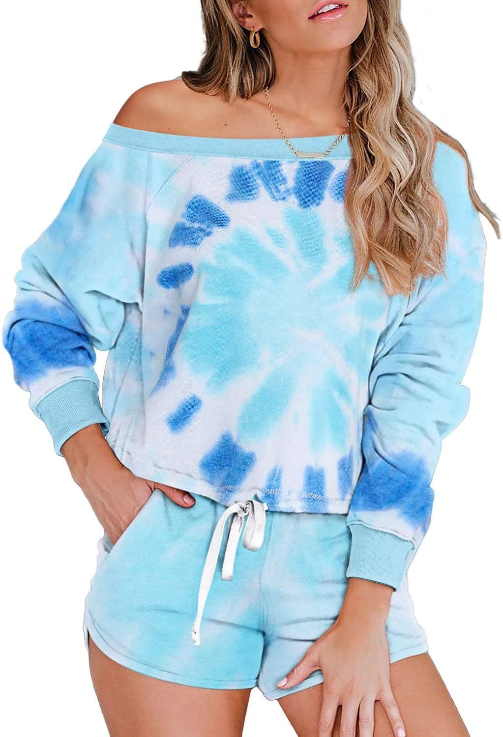 Asvivid Womens Tie Dye Printed Ruffle Short Lounge Set Long Sleeve Tops and Shorts 2 Piece Pajama... | Amazon (US)