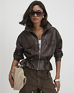 Brown Faux Leather Drawstring Funnel Jacket | River Island UK & IE