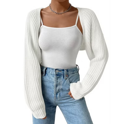 Womens Winter Sweater Shrugs Thick Sweater Knit Bolero Long Sleeve Open Front Cropped Sweater Knit Jackets,Milk White - L | Target
