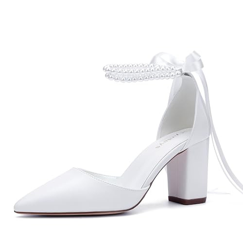 Women's Block Heel Wedding Shoes for Bride Closed Toe Chunky Heeled Sandals Pearl Bridal Pumps Shoes White US12 | Amazon (US)