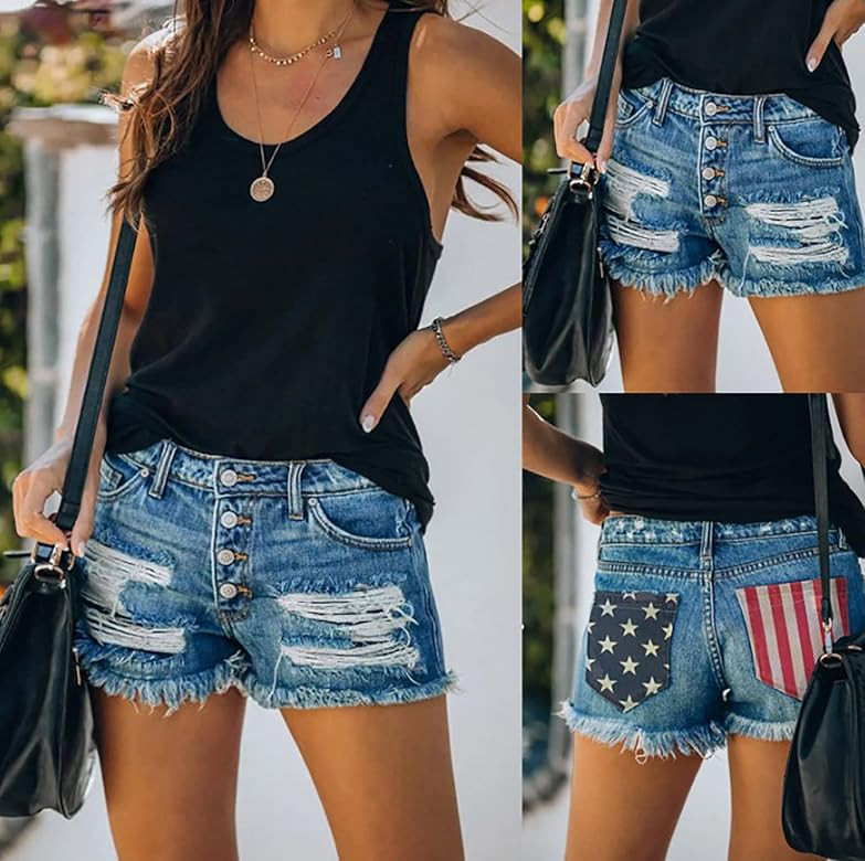 QJBMEI Women's Ripped American Flag Printed Denim Shorts High Waisted Frayed Raw Hem Casual Jeans Sh | Amazon (US)