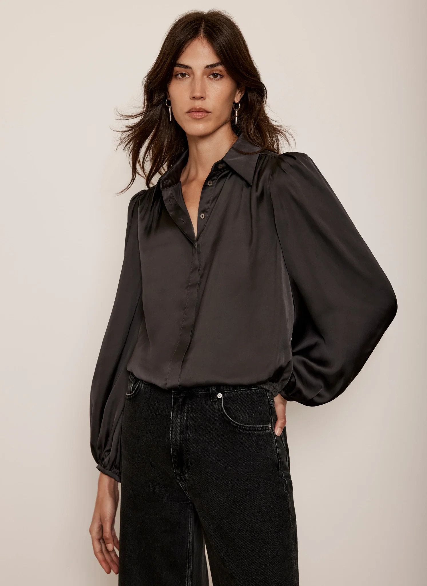 Grey Satin Puff Sleeve Shirt | Mint Velvet (US)