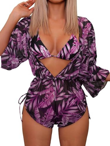COZYEASE Women's 3 Piece Swimsuits Tropical Print Bikini Set Halter Drawstring Side Bathing Suits with Cover Up Purple X-Large | Amazon (US)