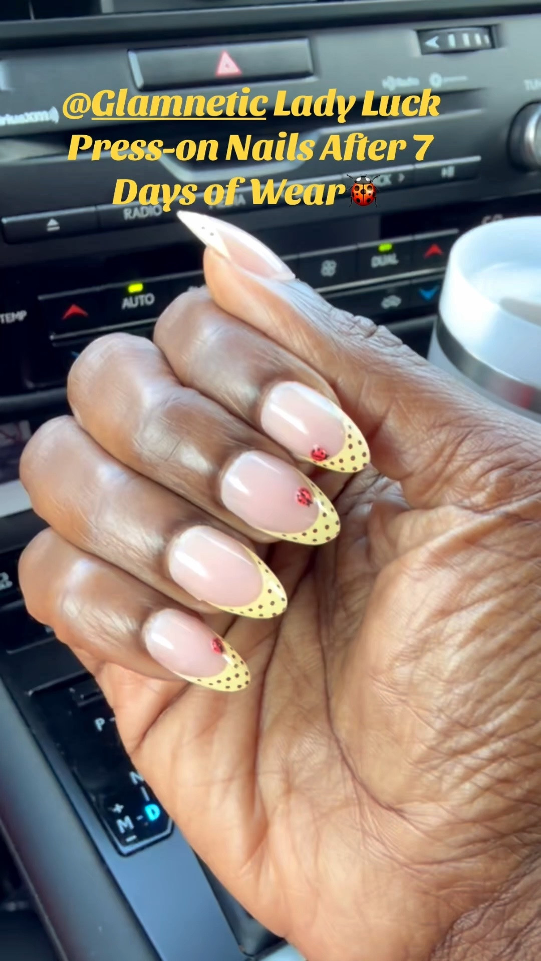 7 days later and my Glamnetic Lady Luck nails are STILL holding on strong 💛🐞 This was not an easy week either… busy days, nonstop movement, and these nails still look salon fresh with zero pop-offs. The yellow polka dot French tips and tiny ladybug details are just too cute for spring and summer. Lady Luck from the Euro Summer collection might officially be one of my favorites 🌼✨

#Glamnetic #PressOnNails