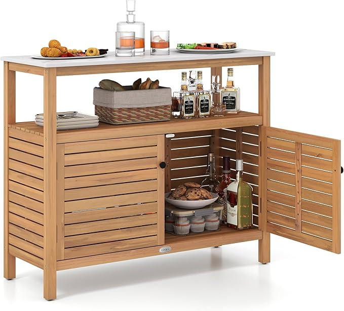 Goplus Patio Storage Cabinet, Outdoor Acacia Wood Buffet Cabinet with Marble-Like Countertop, Ope... | Amazon (US)