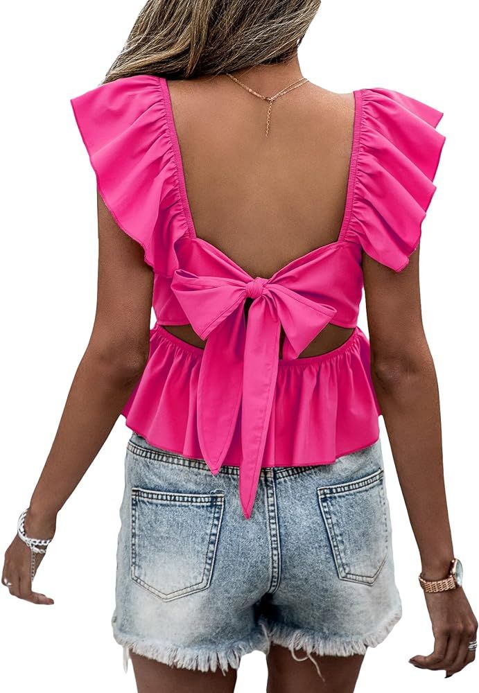 COZYEASE Women's Solid Tie Backless Peplum Blouse Ruffle Cap Sleeve Square Neck Shirt | Amazon (US)