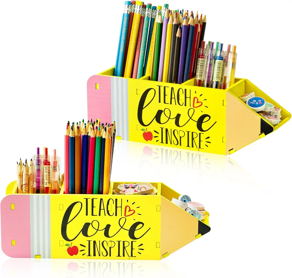 MALLMALL6 2 Pack Teacher Appreciation Gifts Pencil Shape Pencil Holder for Teacher, Wooden Deskto... | Amazon (US)