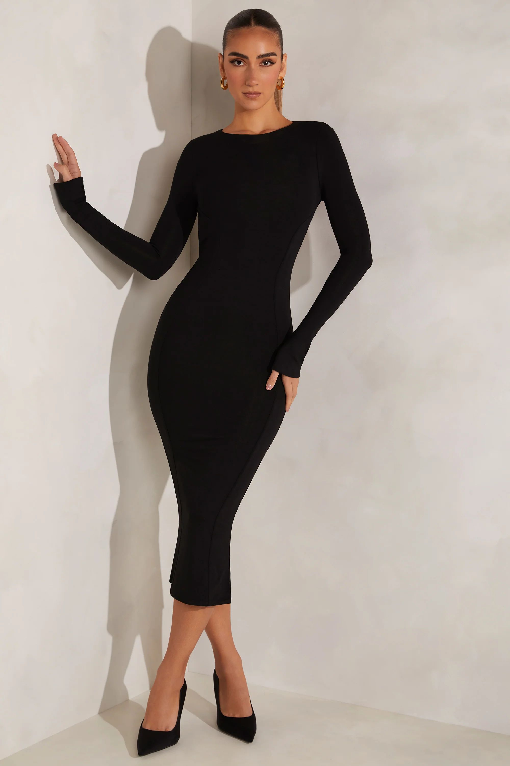 High Neck Long Sleeve Open Back Midaxi Dress in Black | Oh Polly