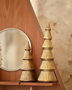 WONDROUS' DECO Wooden Christmas Tree Figurine, Tabletop Gold Tree Figurine, Set of 2 Desk Centerp... | Amazon (US)