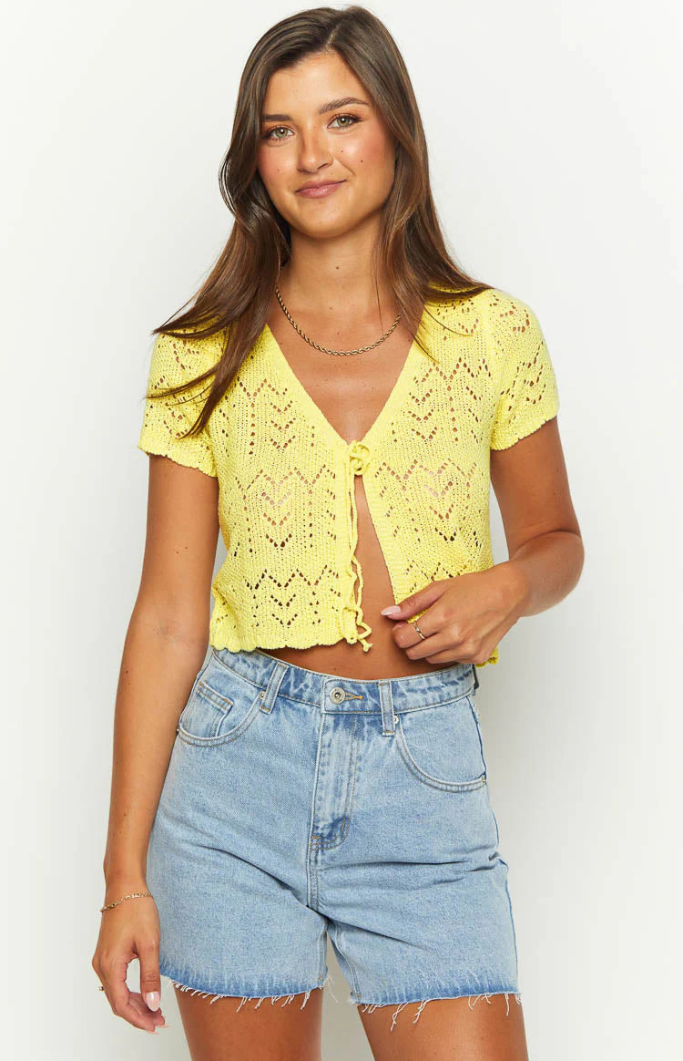Dahlia Yellow Front Tie Cardigan | Beginning Boutique (US)