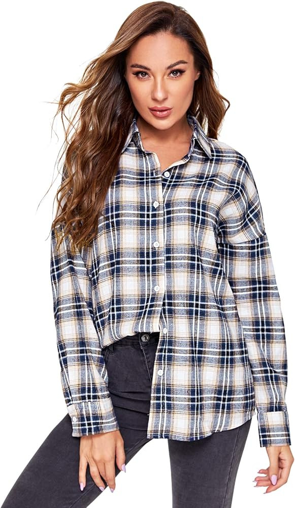 Women's Long Sleeve Collar Long Button Down Plaid Shirt Blouse Tops | Amazon (US)