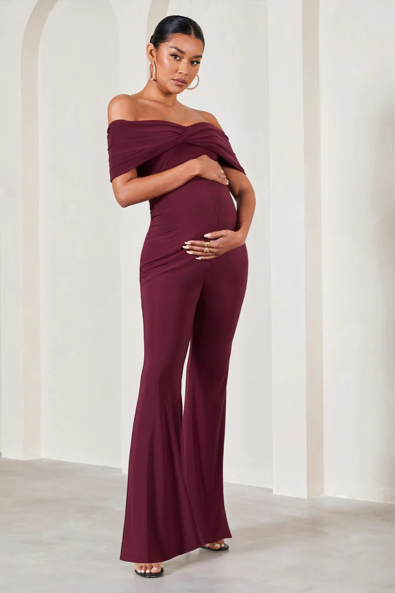 Elisa | Burgundy Bardot Flared-Leg Maternity Jumpsuit | Club L London