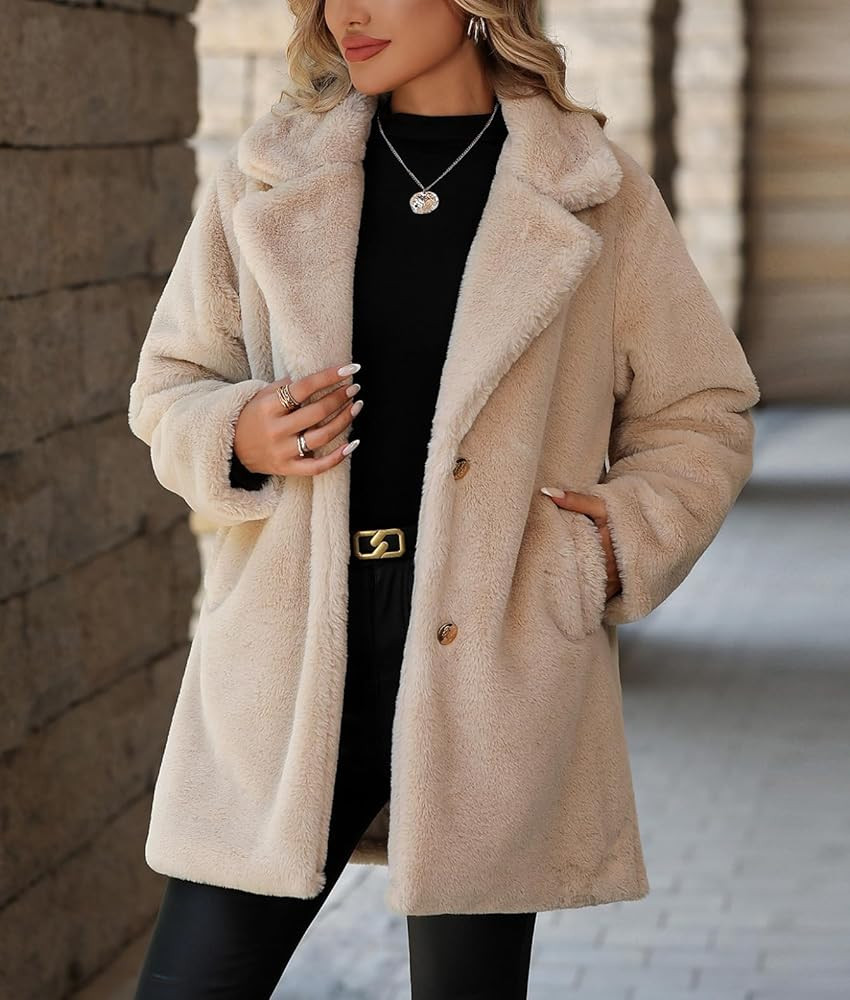 Women's Faux Fur Long Coat Button Down Lapel Fleece Sherpa Jacket | Amazon (US)
