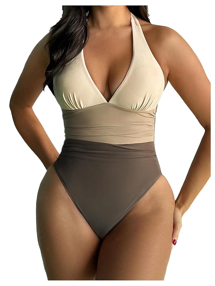 Verdusa Women's Color Block One Piece Swimsuit Halter Ruched Tummy Control Bathing Suit | Amazon (US)