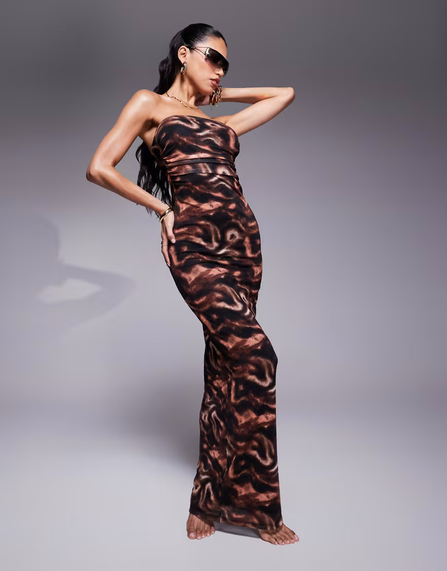 South Beach abstract print lined bandeau mesh maxi beach dress in brown | ASOS (Global)