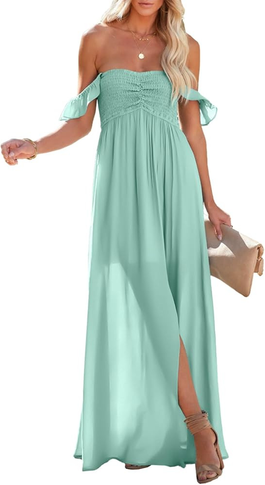 Happy Sailed Women's 2024 Summer Smocked Off The Shoulder Maxi Dresses Ruffle Short Sleeve A Line... | Amazon (US)