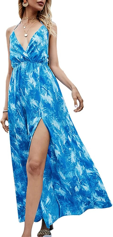 Amazon.com: BerryGo Women's Sexy Deep V Neck Backless Floral Print Split Maxi Party Dress White :... | Amazon (US)