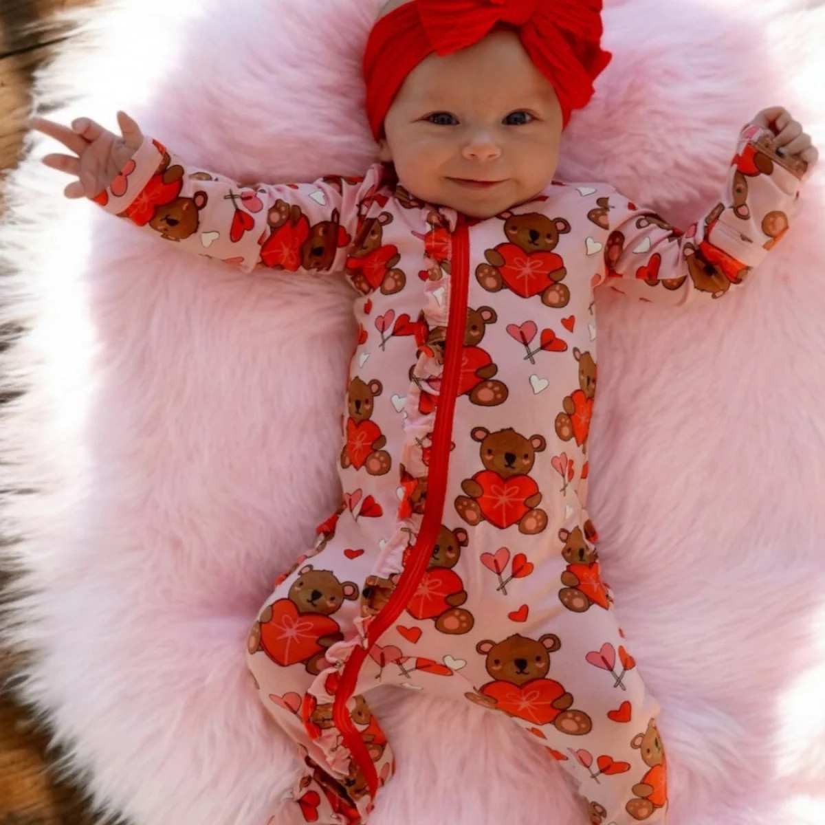 2-Way Ruffle Zip Footie, Valentine Bear Pink | SpearmintLOVE