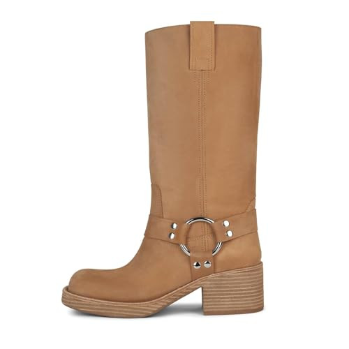 Women's Knee High Riding Boots Round Toe Block Heel Fashion Motorcycle Booties Side Zipper Wide C... | Amazon (US)