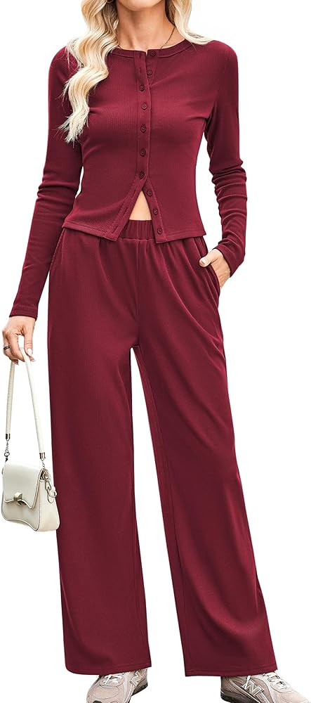 Womens 2 Piece Lounge Sets Matching Long Sleeve Ribbed Button Down Crop Top Wide Leg Pants Casual... | Amazon (US)