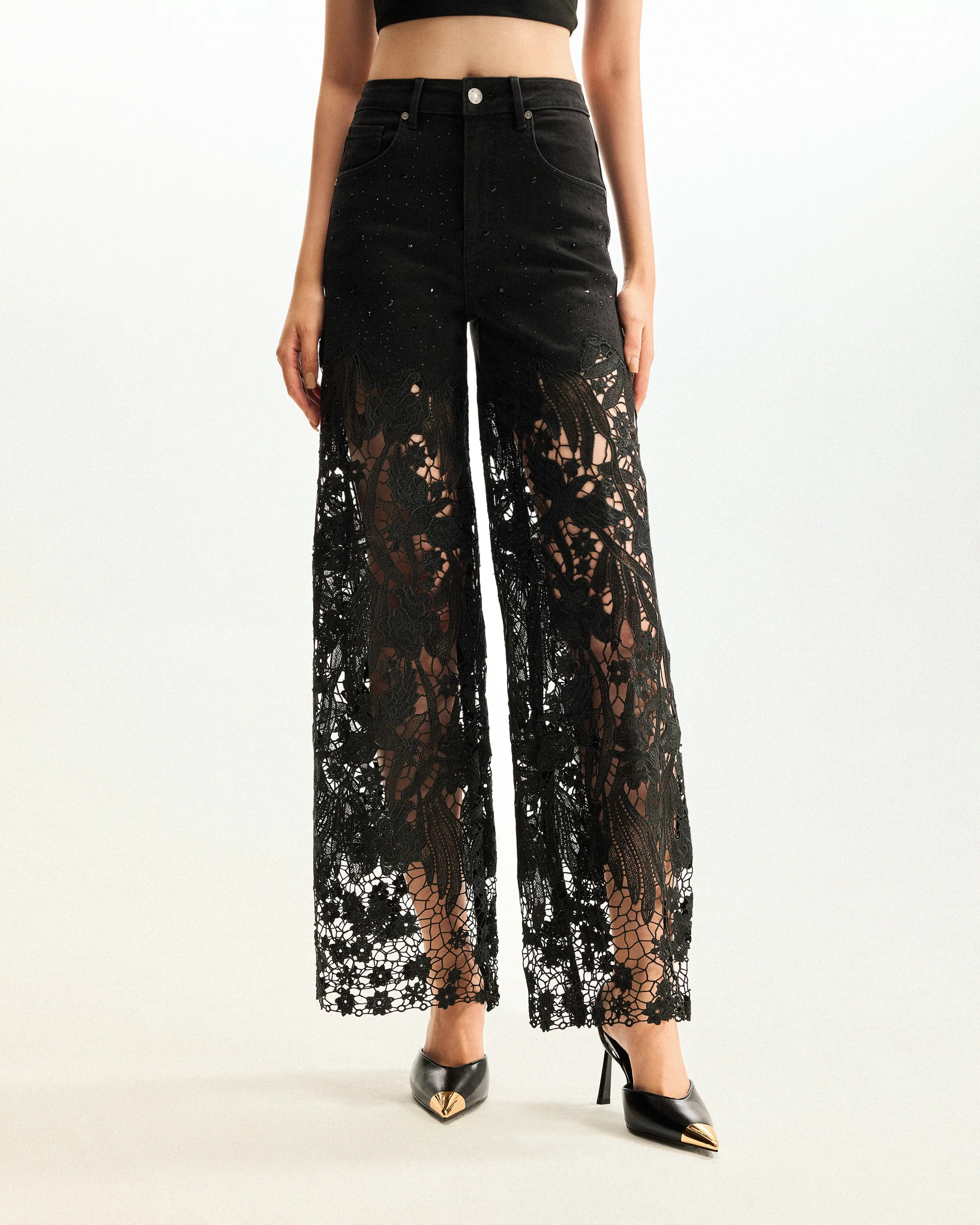 Embroidery High Rise Wide Leg Lace Denim Jeans With Rhinestone - Black | JW PEI US