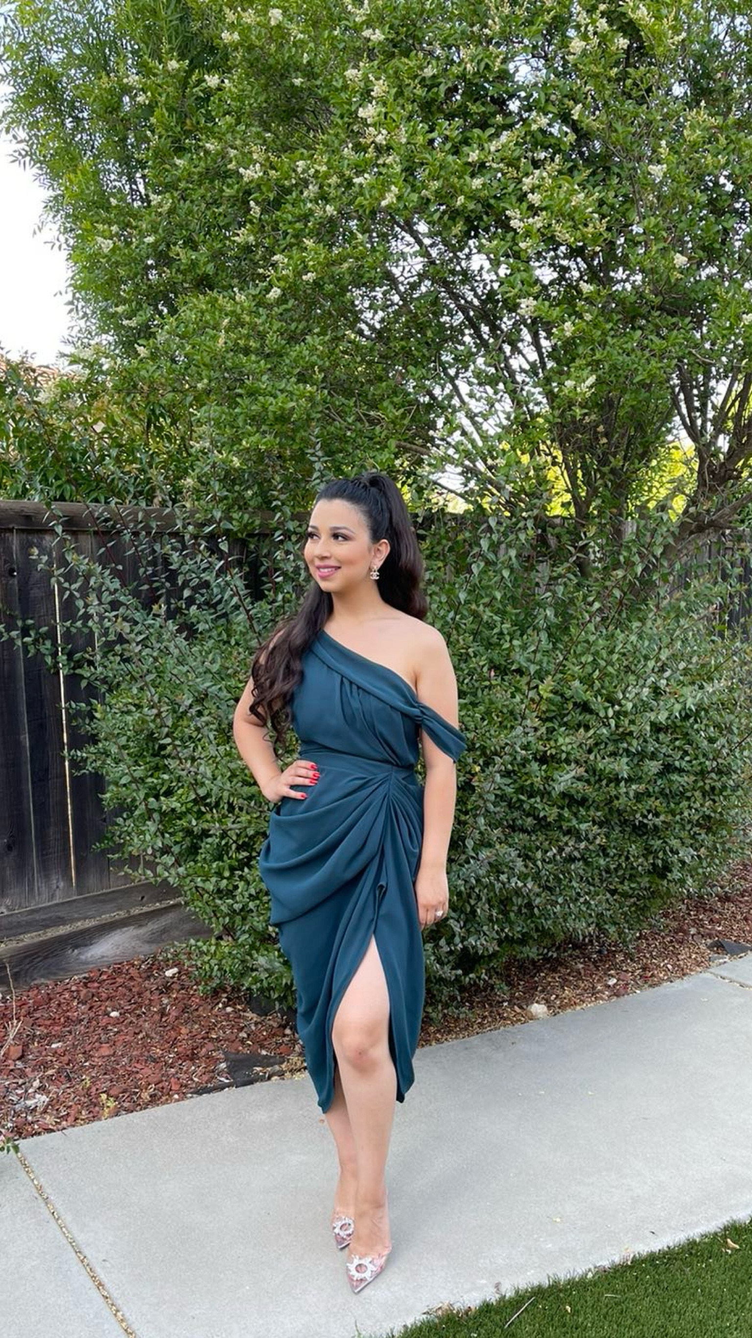 sachin and babi light blue dress Black Chiffon Asymmetric Strap Draped Midi Dress
