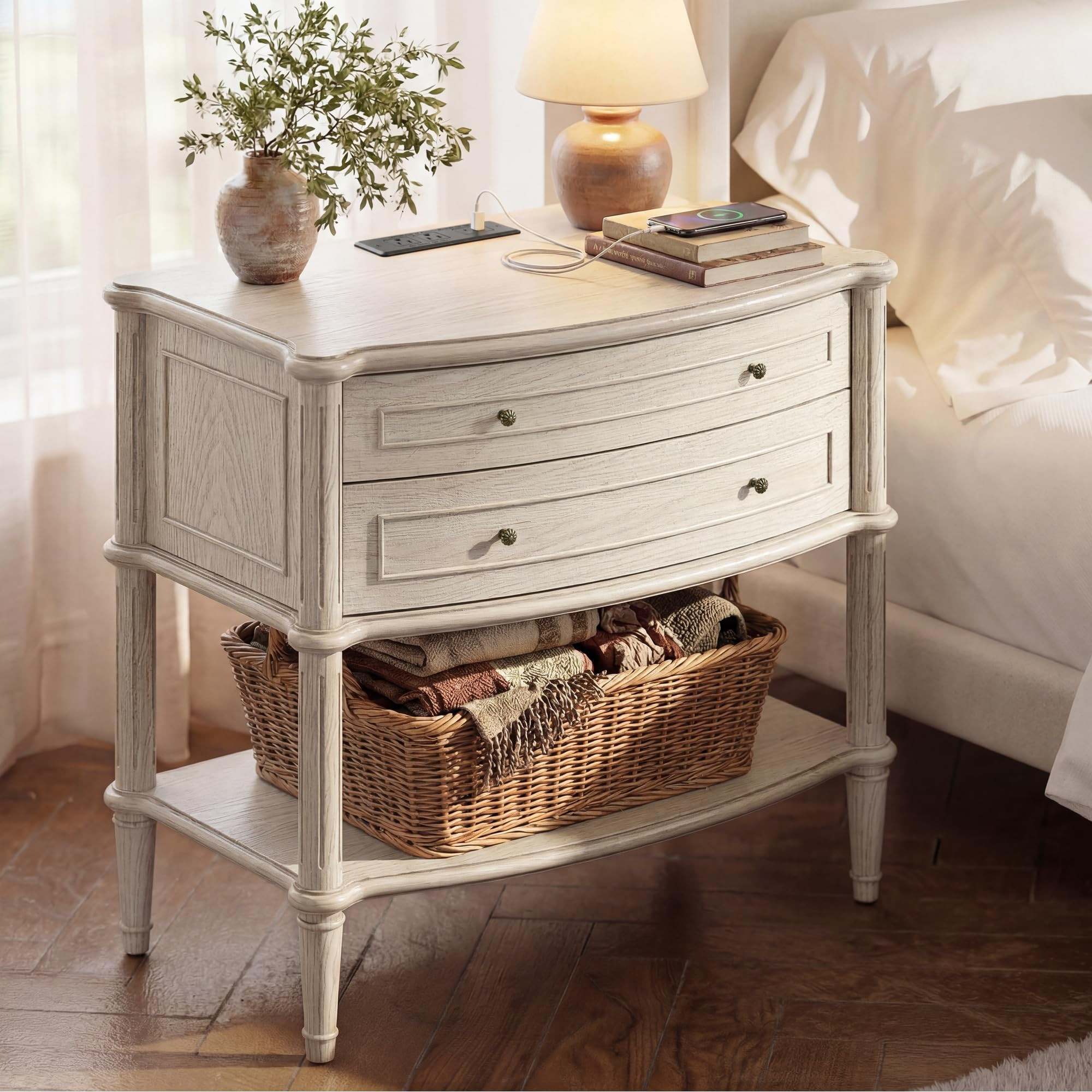 STO'SENSE Wide Nightstand w/Charging Station & 3 Drawers, Pre-Assembled, Vintage Side Table w/Ant... | Amazon (US)