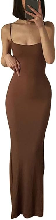 Woxlica Women's Casual Lounge Slip Long Dress Sleeveless Bodycon Maxi Dresses Solid Color | Amazon (US)