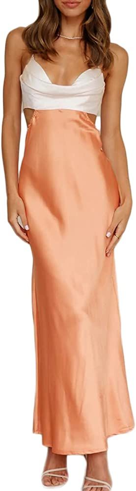 Amazon.com: Fiemaoves Satin Silk Slip Backless Maxi Dress for Wedding Guest- Cut Out Cowl Neck Co... | Amazon (US)
