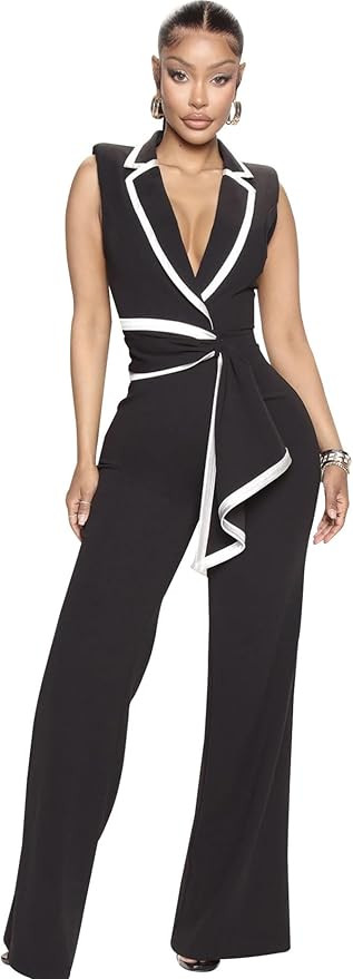 Women's Summer Contrast Binding Belted Wrap Sleeveless Flare Leg Jumpsuit, Elegant Lapel Collar J... | Amazon (US)