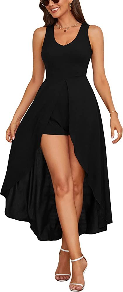 Kormei Womens Sleeveless Scoop Neck Floral Rayon Party Split Maxi Romper Dress | Amazon (US)