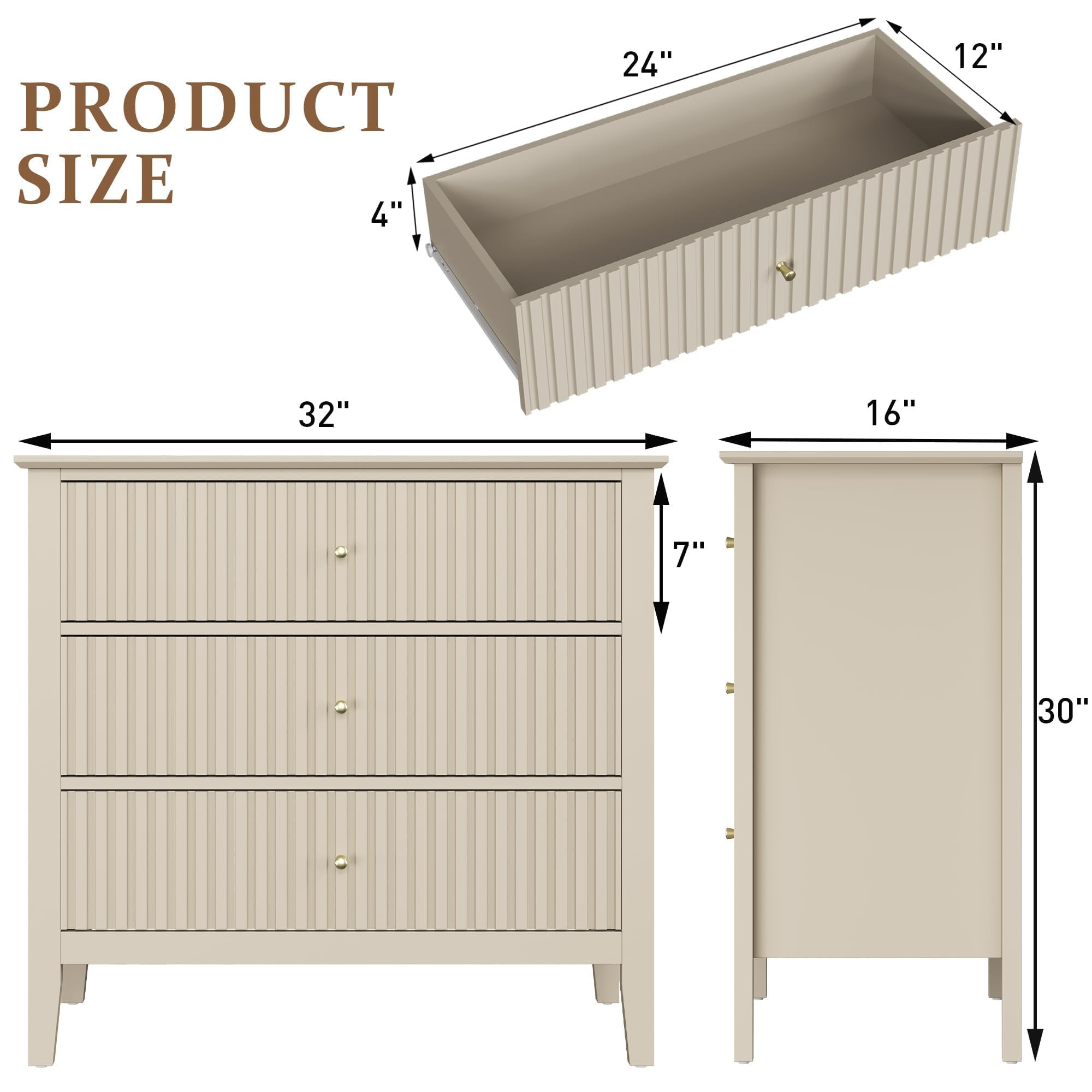 RoyalCraft Beige Fluted 3 Drawer Dresser Set of 2, 32 inch Wide Dresser Nightstand for Bedroom, M... | Amazon (US)