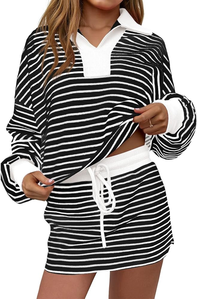 Fisoew Womens Striped 2 Piece Outfits Casual Sweatshirt Skirt Set Long Sleeve Skort Workout Set M... | Amazon (US)
