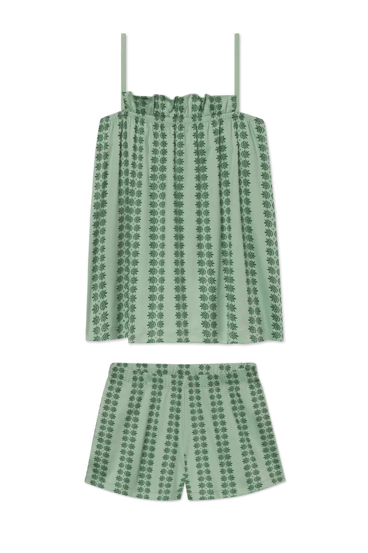 Pima Ruffle Shorts Set in Granite Green Trellis | Lake Pajamas