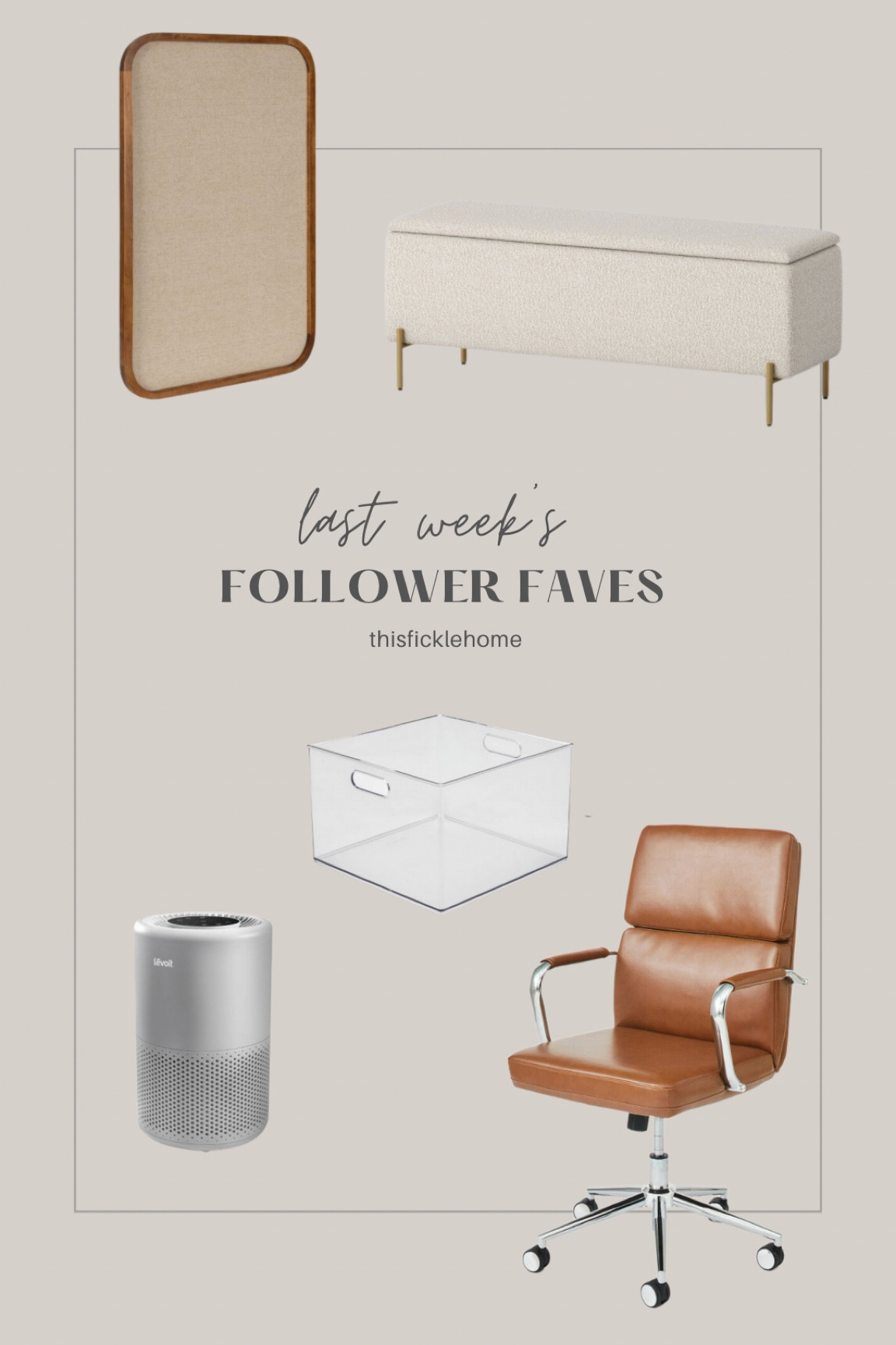 Faux leather office chair, faux leather desk chair, cream boucle upholstered storage bench for end of bed, levoit air purifier, wood framed fabric pinboard, bulletin board, clear plastic bin for organization.

#LTKsalealert #LTKhome