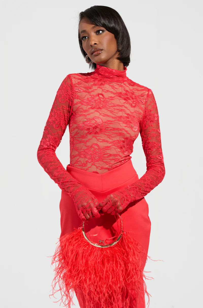 ALL THE ATTENTION LACE GLOVE BODYSUIT IN RED | AKIRA