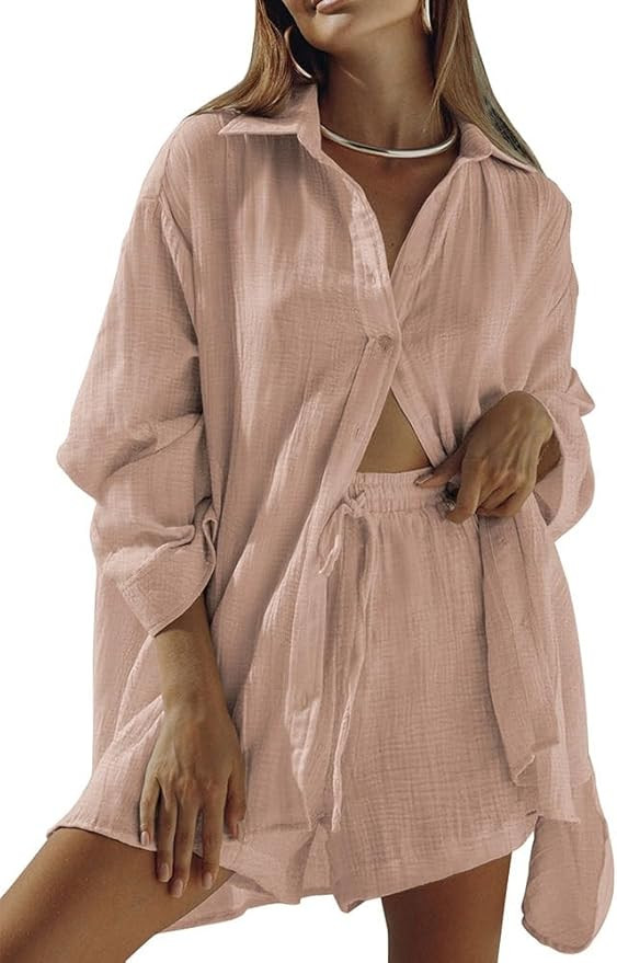 Fixmatti Women 2 Piece Outfits Long Sleeve Button Down Blouse and Shorts Sweatsuit Sets | Amazon (US)