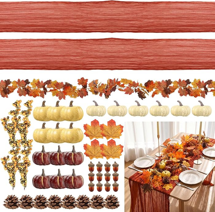 52 Pcs Fall Table Decor, 2 Orange Runners 4 Maple Leaf Garland | Amazon (US)