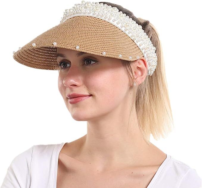Women Sun Visor Hats Beach - Foldable Roll Up Wide Brim Bowknot Summer Straw Hat Cap Cruise wear ... | Amazon (US)