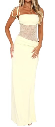 Women's Lace Splicing Cutout Maxi Dress Square Neck Sleeveless Bodycon Long Dress with Sheer Cors... | Amazon (US)