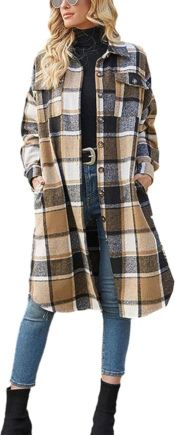 Himosyber Women's Casual Plaid Lapel Woolen Button Up Pocketed Long Shacket Coat | Amazon (US)