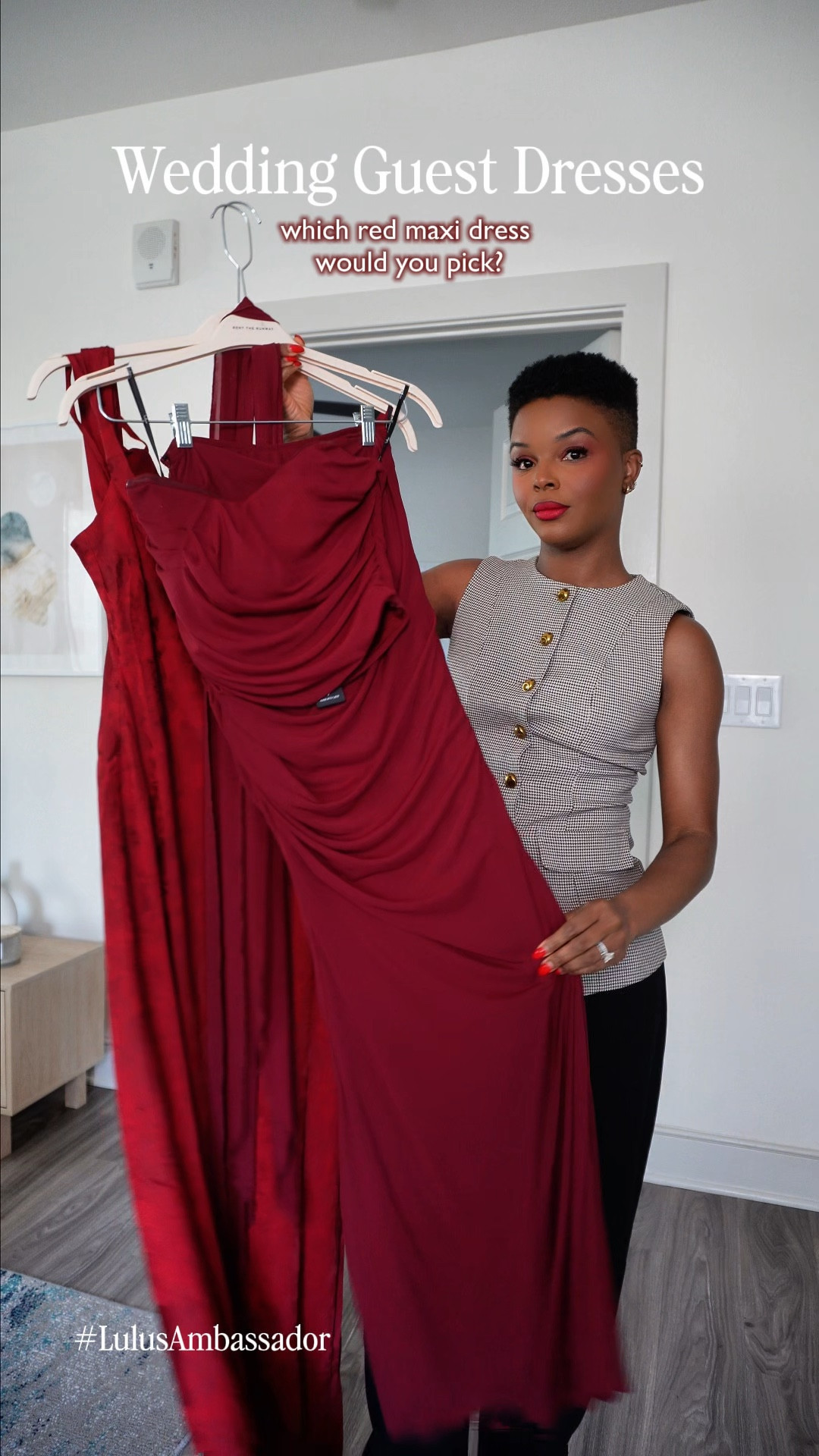 #lulusambassador Fall weddings call for a bold red moment 🍷✨ #lovelulus 

Trying on two stunning Lulus maxi dresses: the Elvena Wine Red Mesh Ruched Two-Piece & the Minnie Red Satin Jacquard Asymmetrical Maxi. 

Which one’s your pick for wedding guest season? ❤️

#LTKStyleTip #LTKWedding