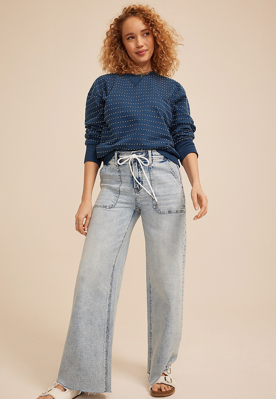 Navy Textured Dot Crew Neck Sweatshirt | Maurices