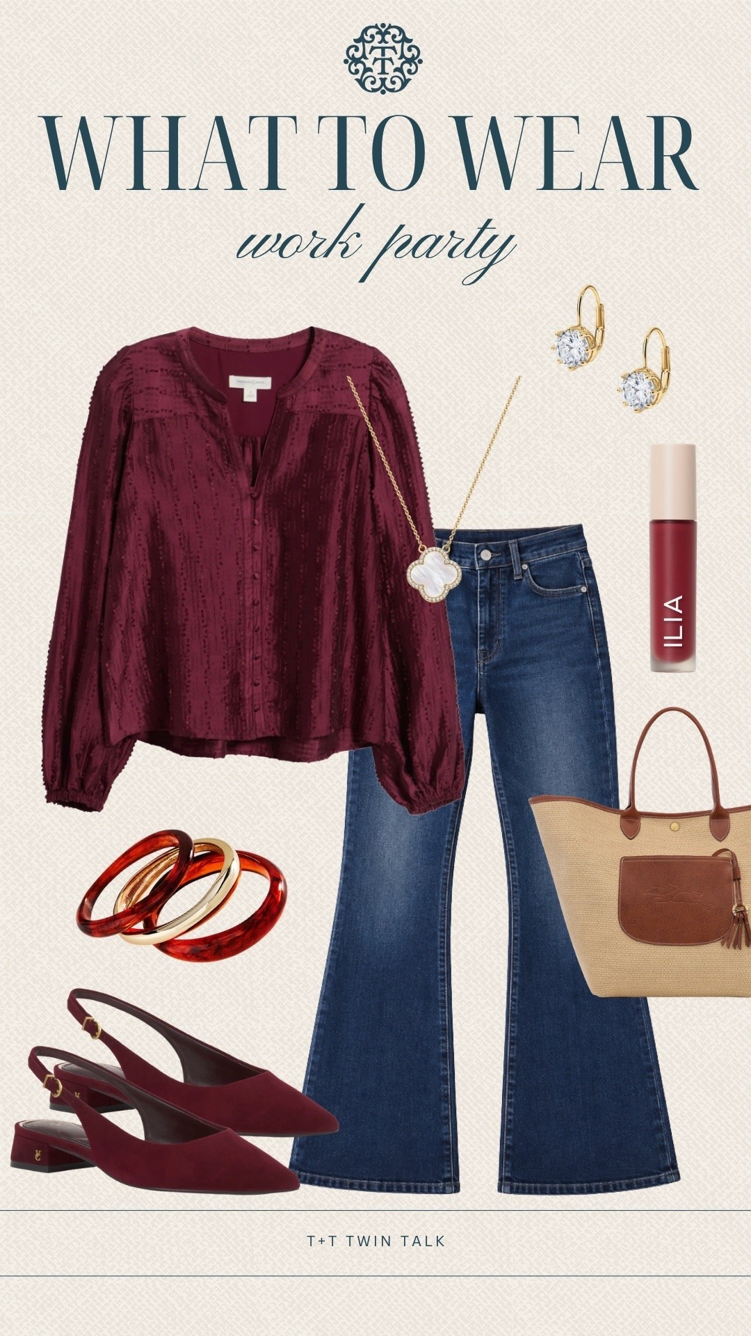 What to wear from T+T! We’re pairing this beautiful burgundy Nordstrom top with flared jeans, burgundy slingback heels, and simple gold accessories. It’s a cute work party look that feels festive without being too dressed up.

#LTKSeasonal #LTKOver40 #LTKMidsize
