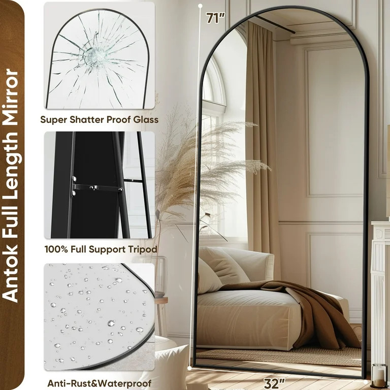 Antok 71"x32" Arched Full Length Mirror with Stand - Black Frame Standing Floor Mirror, Full Body... | Walmart (US)