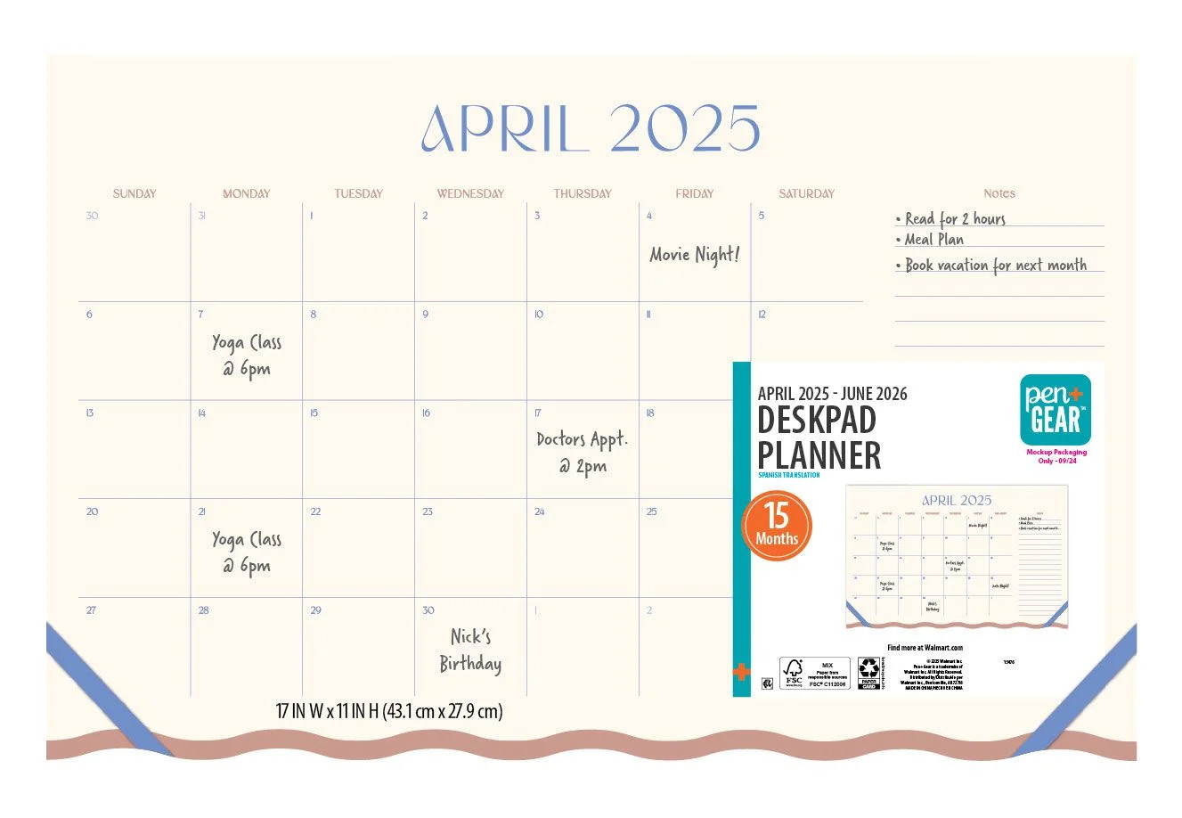 PEN+GEAR Monthly Large (17" x 11") Calendar Cream and Blue 15 Month April 2025-June 2026 | Walmart (US)